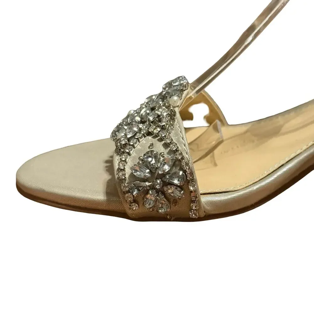 Betsey Johnson Mel Champagne Rhinestone Ankle Strap Block Heel Sandals Shoes 6.5